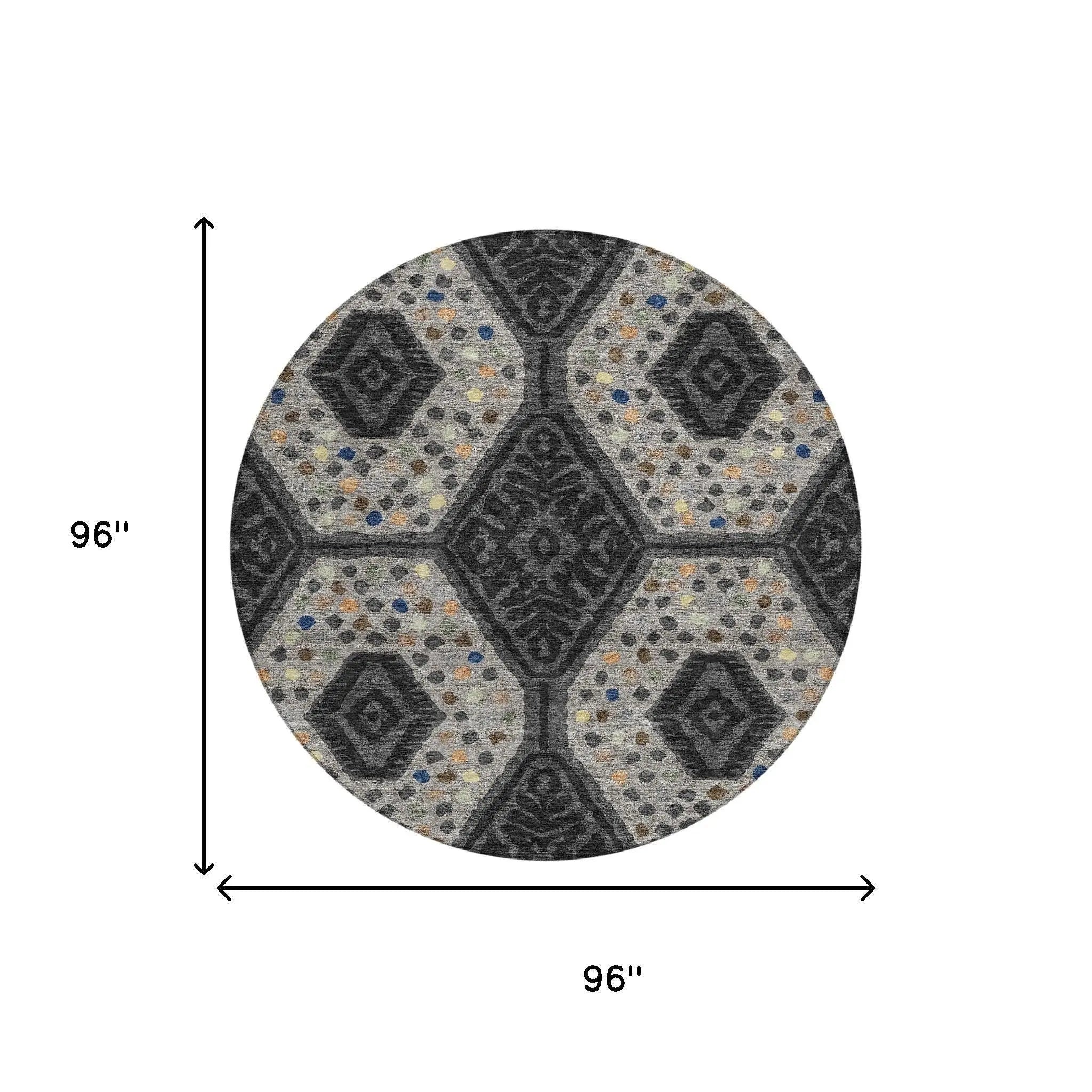 8' Charcoal And Gray Round Tribal Washable Indoor Outdoor Area Rug Homeroots Outdoor