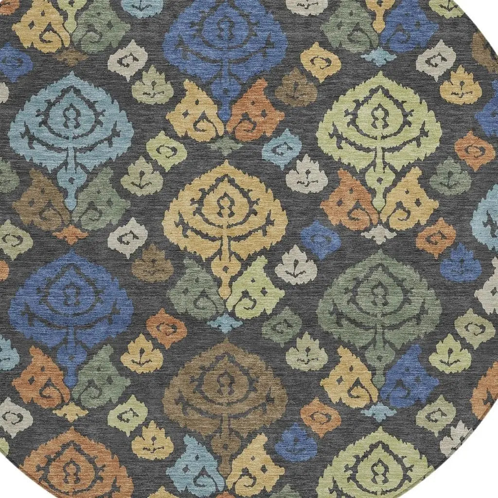 8' Charcoal And Green Round Damask Washable Indoor Outdoor Area Rug Homeroots Outdoor