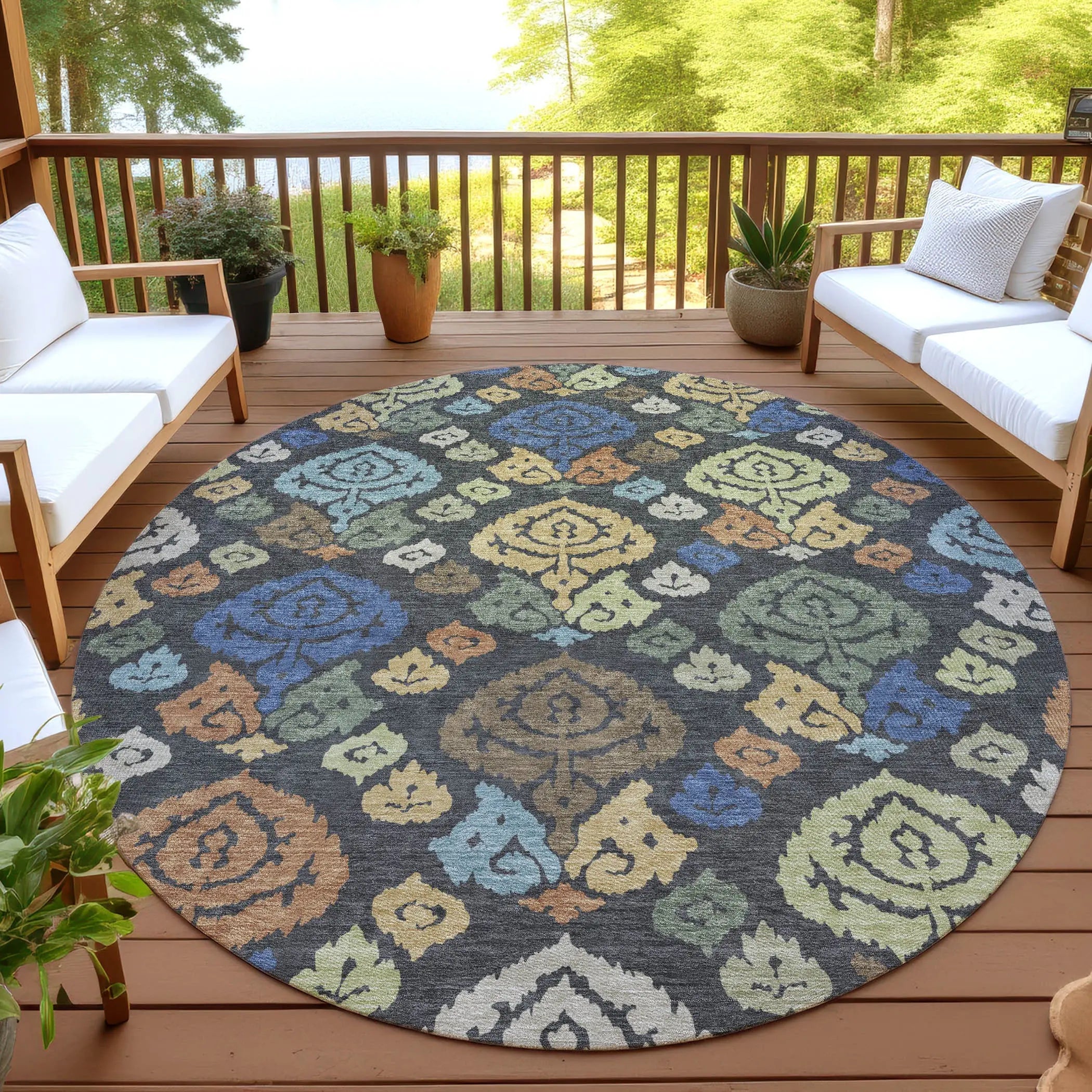 8' Charcoal And Green Round Damask Washable Indoor Outdoor Area Rug Homeroots Outdoor