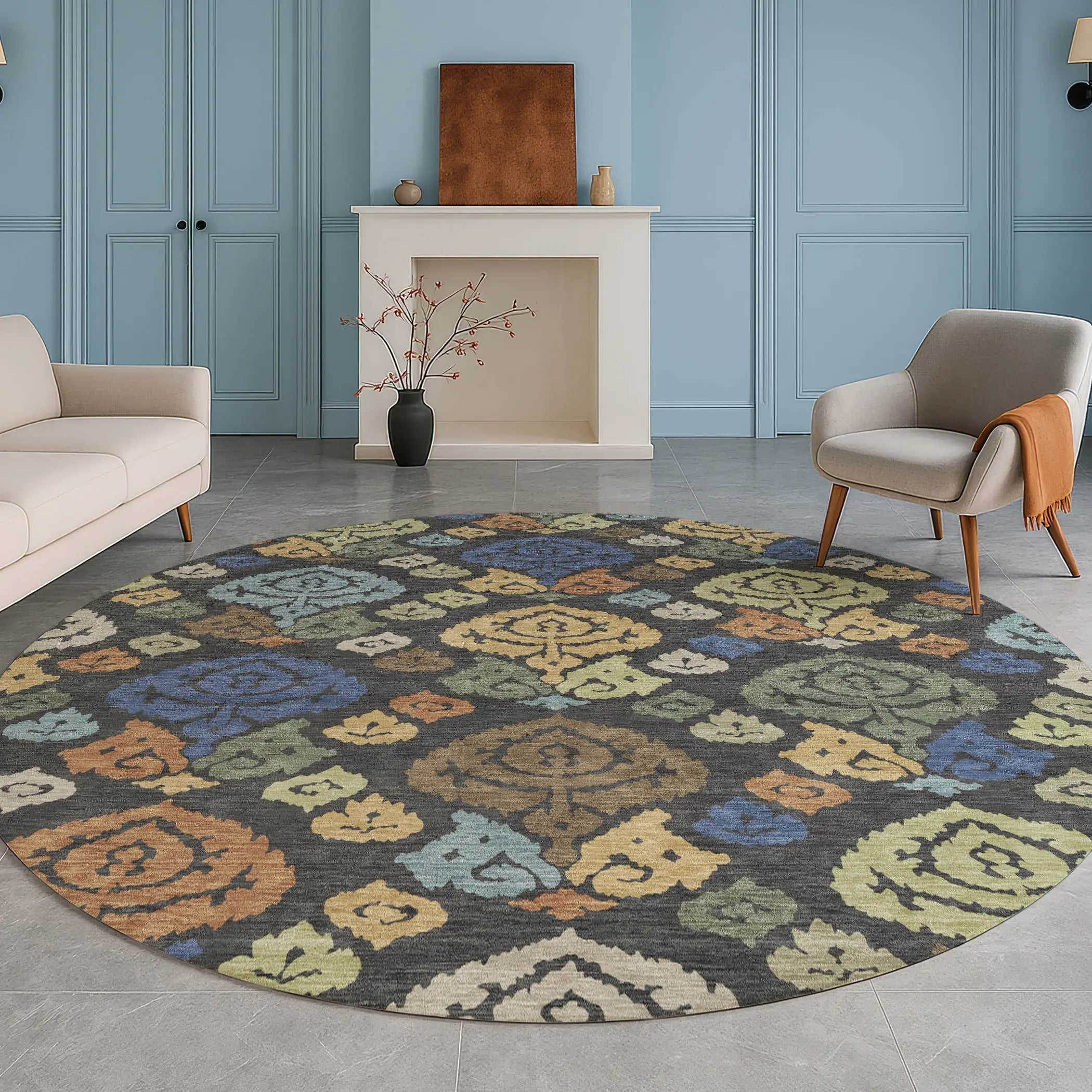 8' Charcoal And Green Round Damask Washable Indoor Outdoor Area Rug Homeroots Outdoor