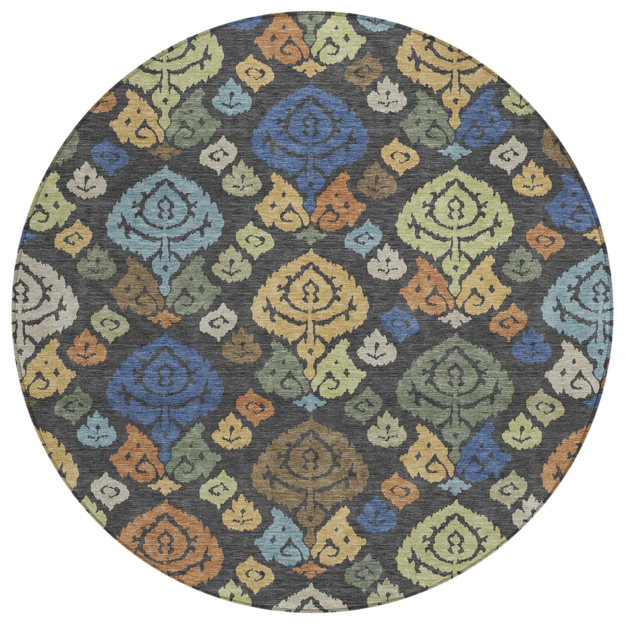8' Charcoal And Green Round Damask Washable Indoor Outdoor Area Rug Homeroots Outdoor