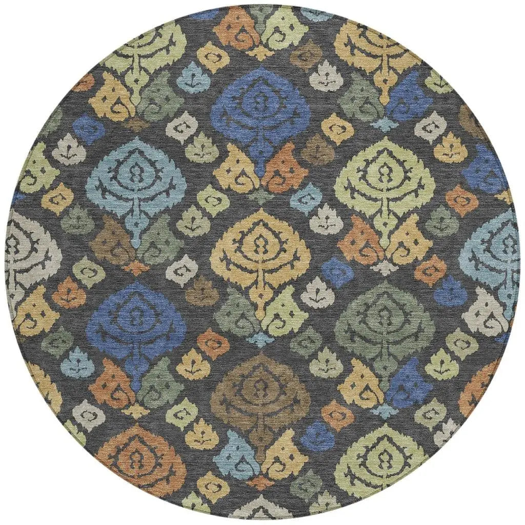 8' Charcoal And Green Round Damask Washable Indoor Outdoor Area Rug Homeroots Outdoor