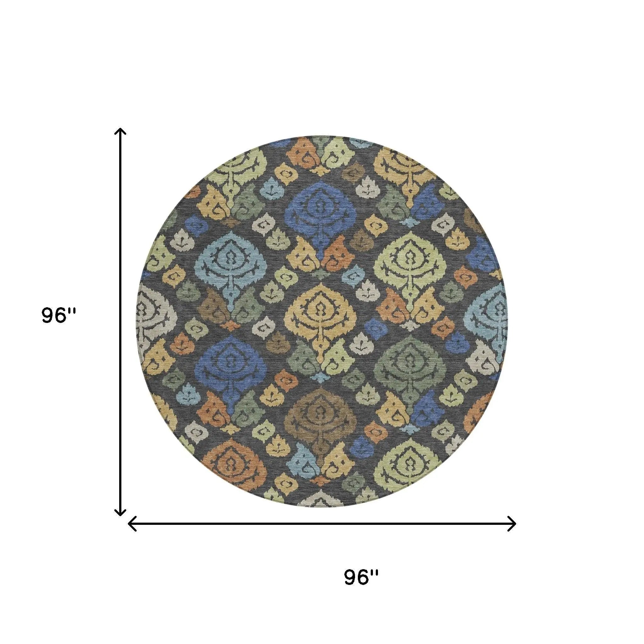 8' Charcoal And Green Round Damask Washable Indoor Outdoor Area Rug Homeroots Outdoor