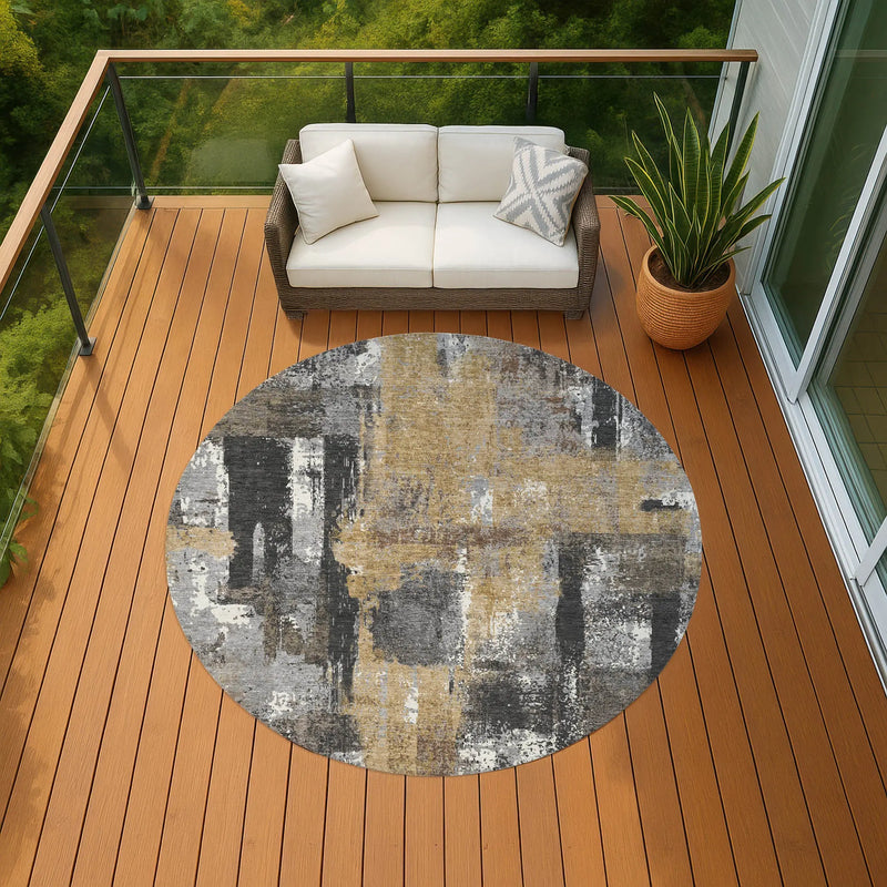 8' Charcoal And Ivory Round Abstract Washable Indoor Outdoor Area Rug Homeroots Outdoor
