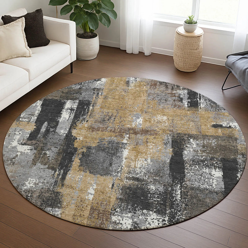 8' Charcoal And Ivory Round Abstract Washable Indoor Outdoor Area Rug Homeroots Outdoor