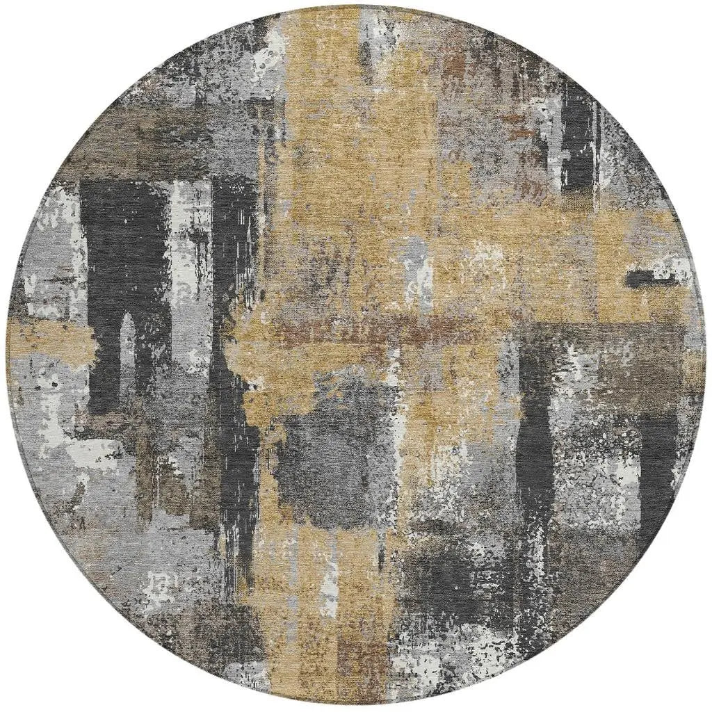8' Charcoal And Ivory Round Abstract Washable Indoor Outdoor Area Rug Homeroots Outdoor