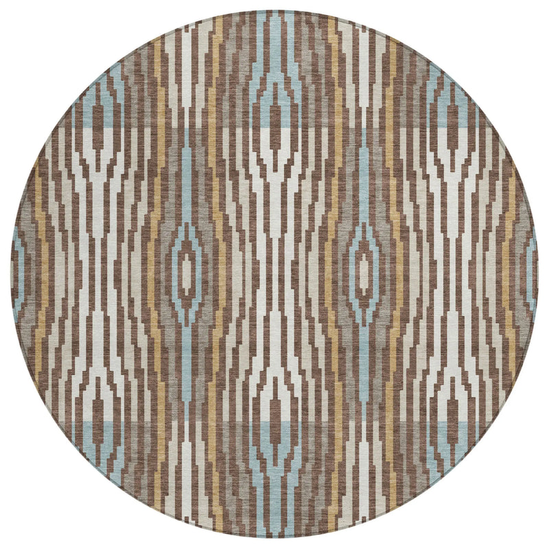 8' Chocolate And Aqua Round Abstract Washable Indoor Outdoor Area Rug Homeroots Outdoor