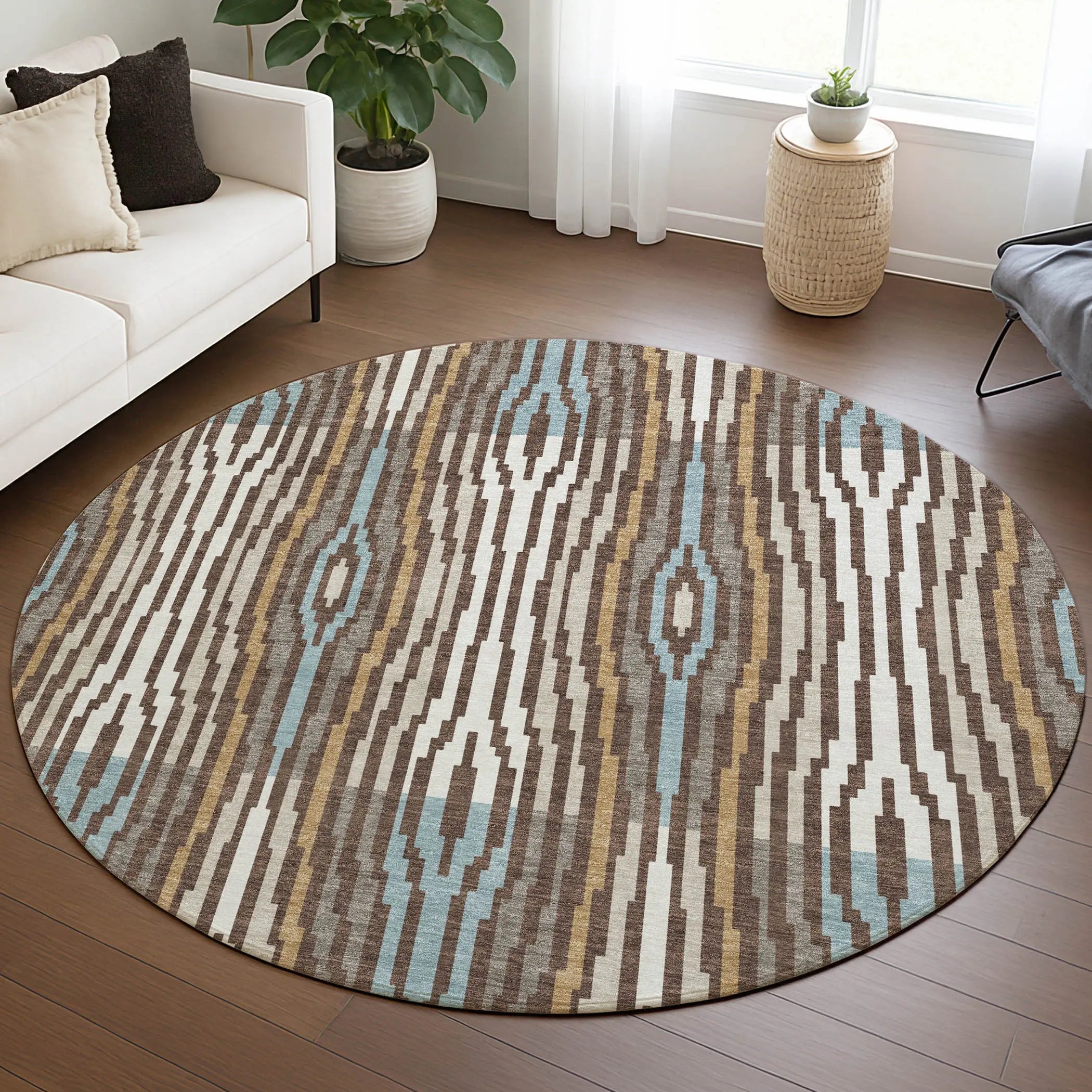 8' Chocolate And Aqua Round Abstract Washable Indoor Outdoor Area Rug Homeroots Outdoor