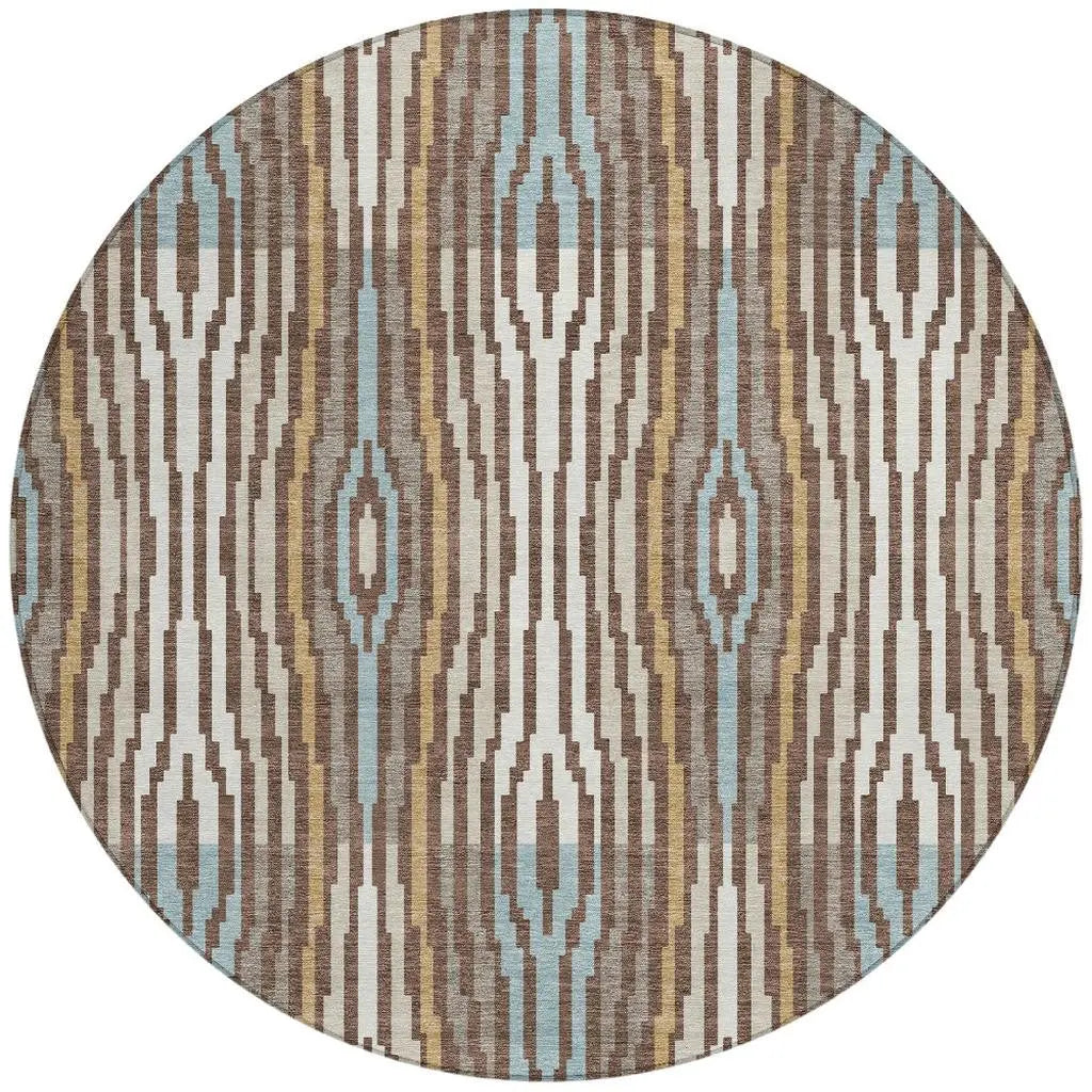 8' Chocolate And Aqua Round Abstract Washable Indoor Outdoor Area Rug Homeroots Outdoor