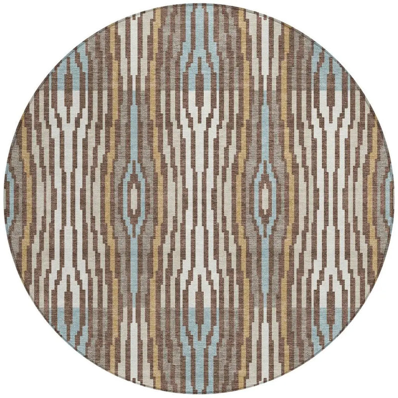8' Chocolate And Aqua Round Abstract Washable Indoor Outdoor Area Rug Homeroots Outdoor