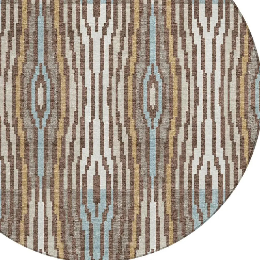 8' Chocolate And Aqua Round Abstract Washable Indoor Outdoor Area Rug Homeroots Outdoor