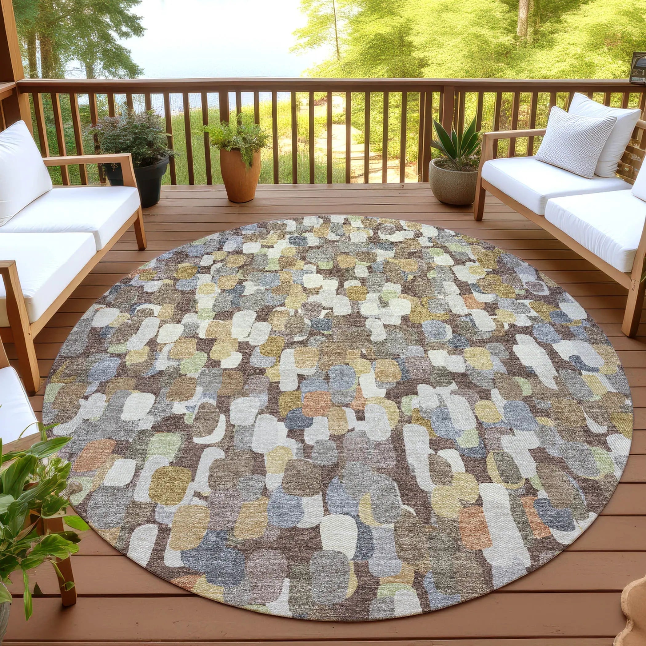 8' Chocolate And Beige Round Abstract Washable Indoor Outdoor Area Rug Homeroots Outdoor