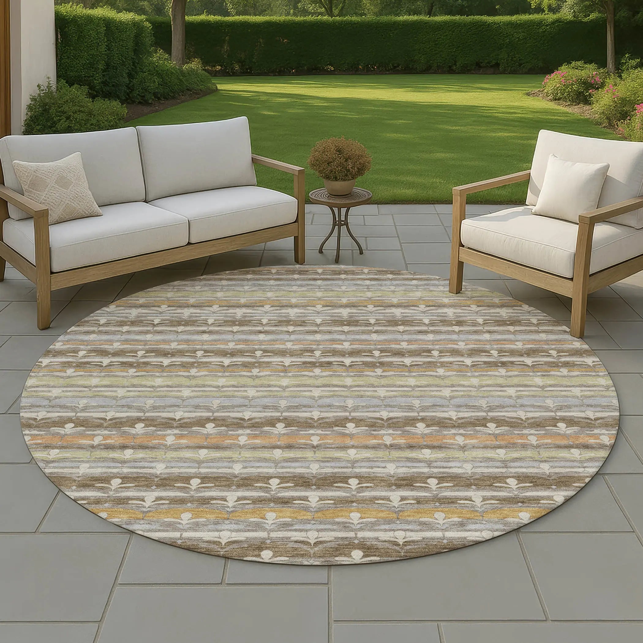 8' Chocolate And Beige Round Damask Washable Indoor Outdoor Area Rug Homeroots Outdoor