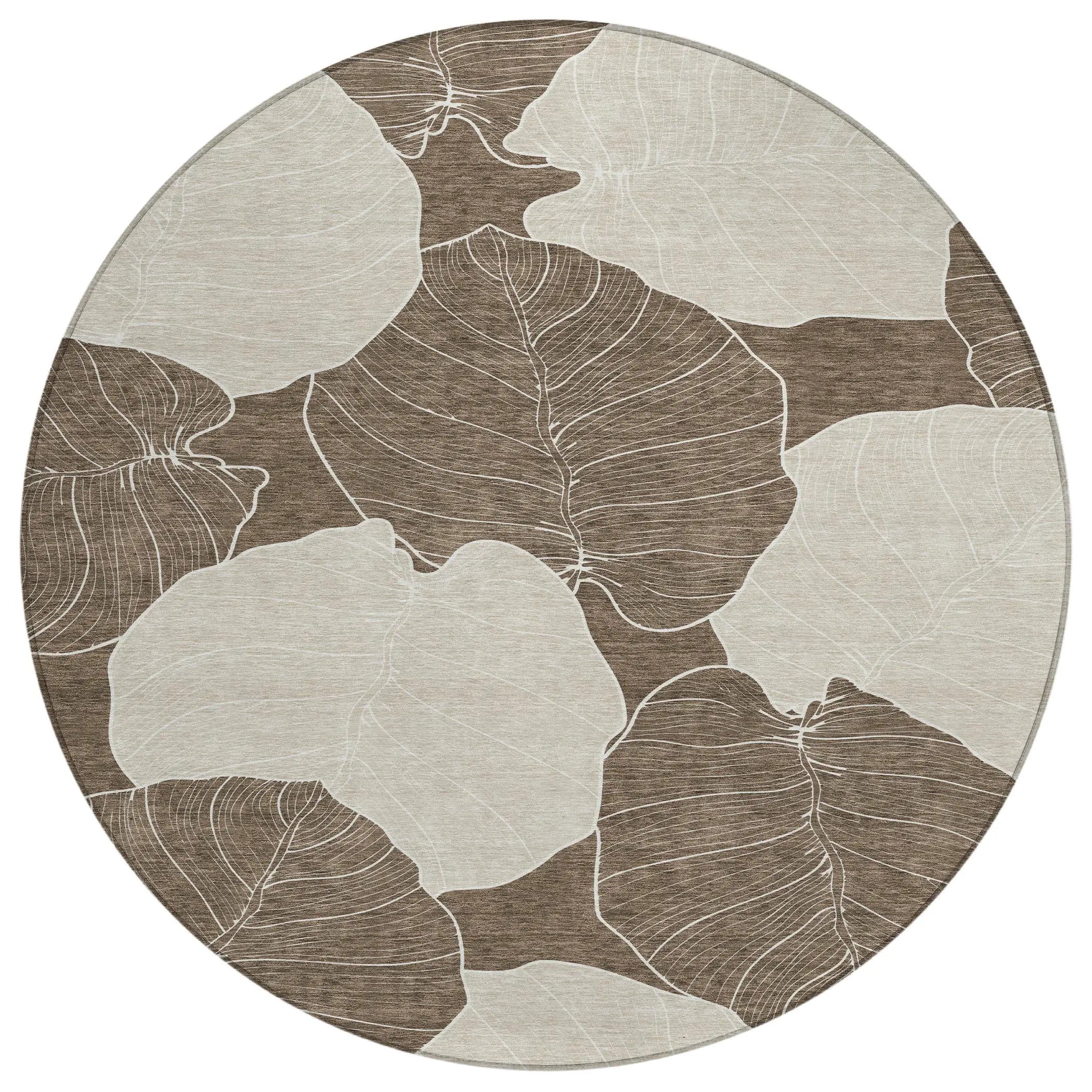 8' Chocolate And Beige Round Floral Washable Indoor Outdoor Area Rug Homeroots Outdoor