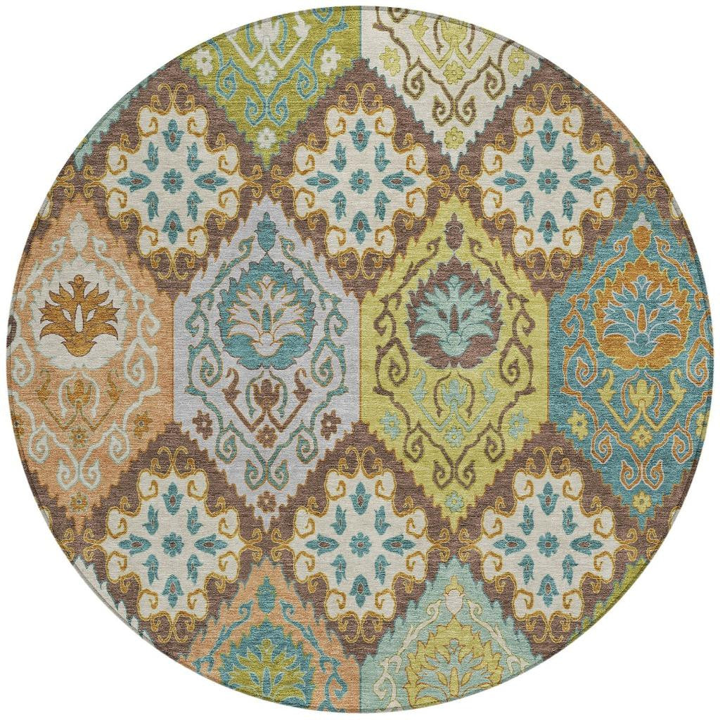 8' Chocolate And Beige Round Geometric Washable Indoor Outdoor Area Rug Homeroots Outdoor
