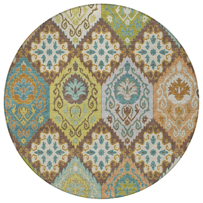 8' Chocolate And Beige Round Geometric Washable Indoor Outdoor Area Rug Homeroots Outdoor
