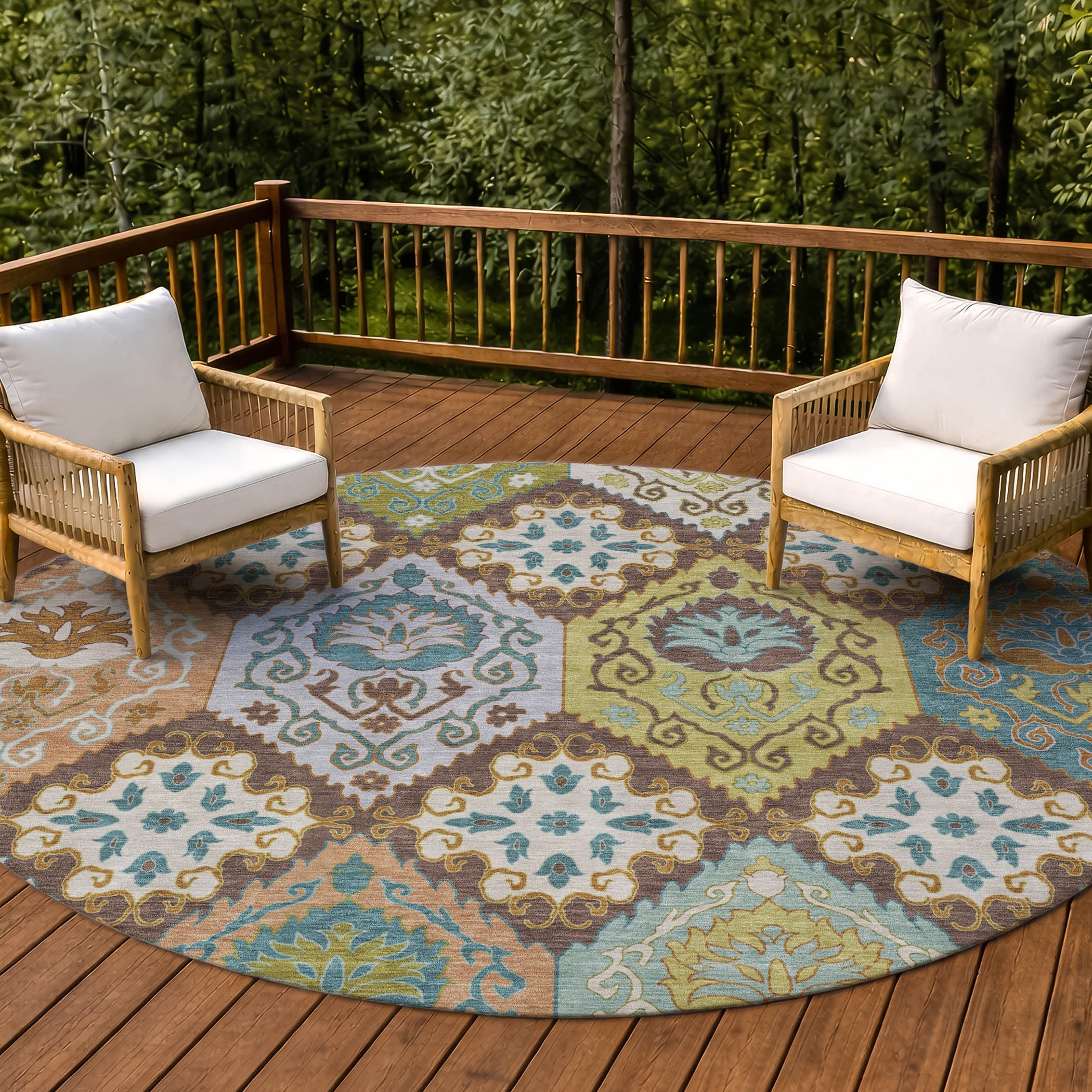 8' Chocolate And Beige Round Geometric Washable Indoor Outdoor Area Rug Homeroots Outdoor