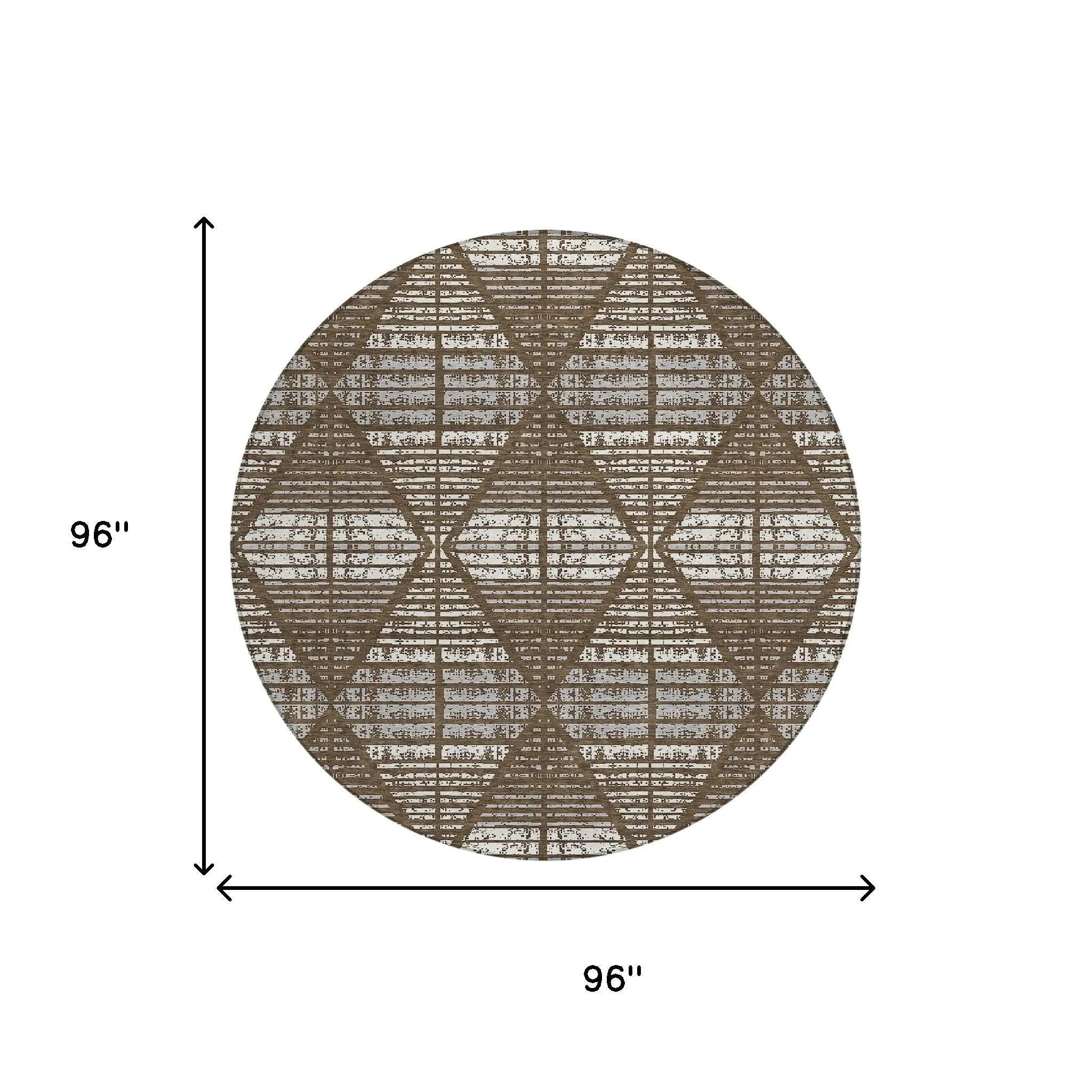 8' Chocolate And Beige Round Geometric Washable Indoor Outdoor Area Rug Homeroots Outdoor