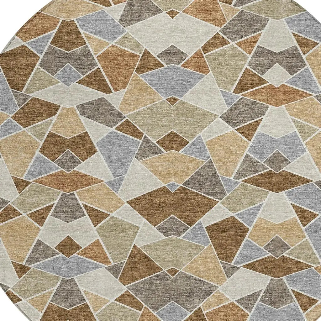 8' Chocolate And Beige Round Geometric Washable Indoor Outdoor Area Rug Homeroots Outdoor