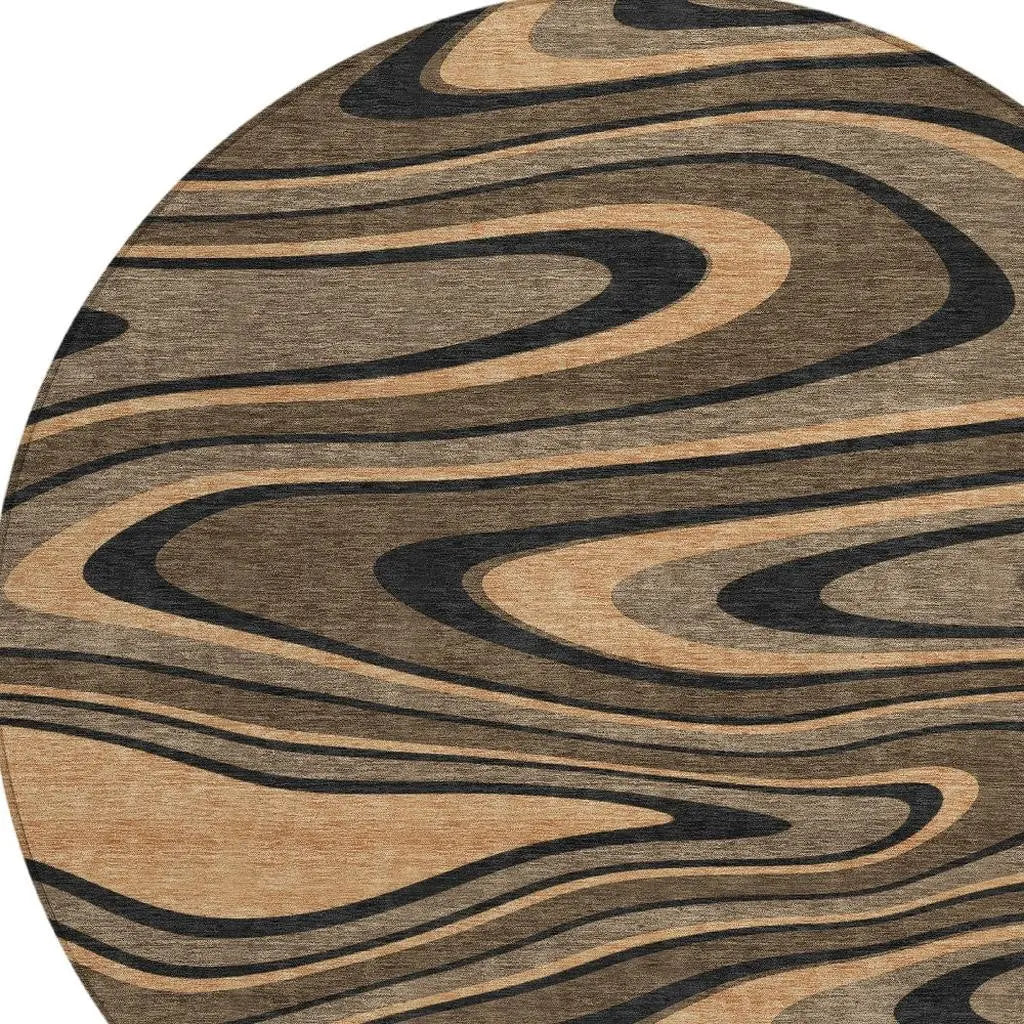 8' Chocolate And Black Round Abstract Washable Indoor Outdoor Area Rug Homeroots Outdoor