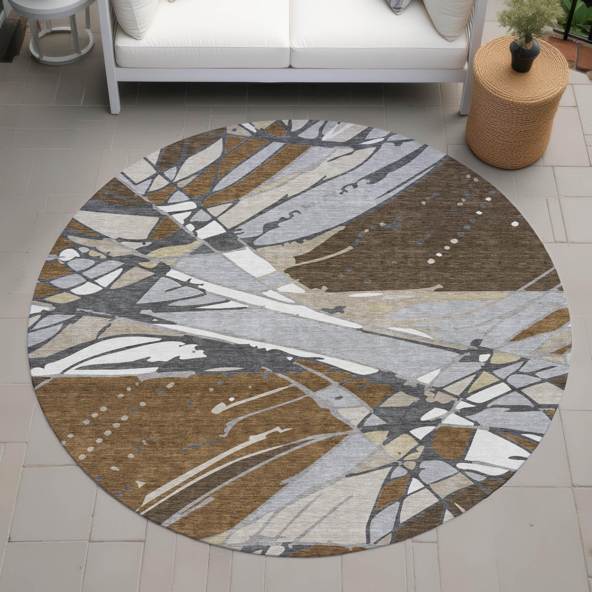 8' Chocolate And Brown Round Abstract Washable Indoor Outdoor Area Rug Homeroots Outdoor