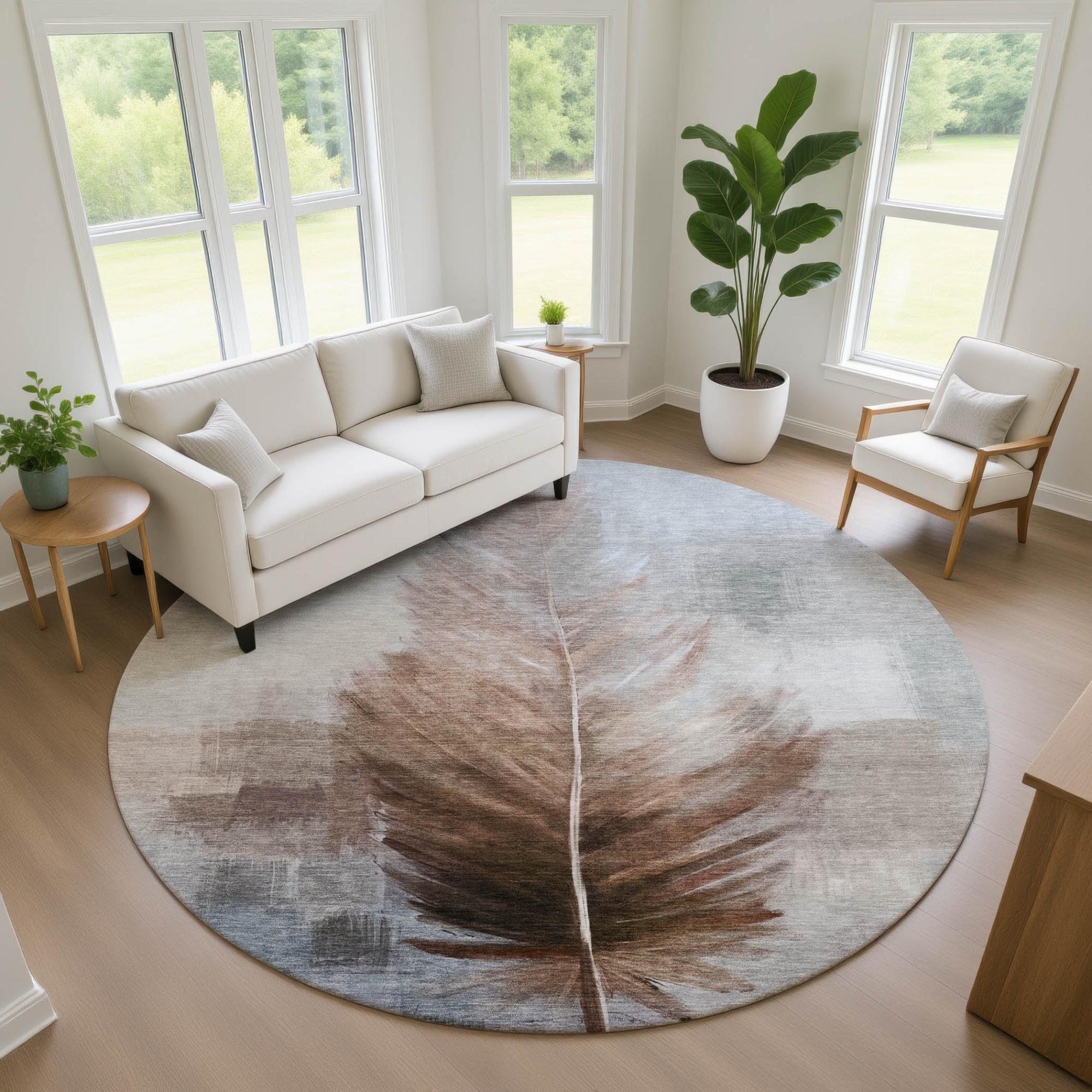 8' Chocolate And Brown Round Botanical Leaves Washable Indoor Outdoor Area Rug Homeroots Outdoor