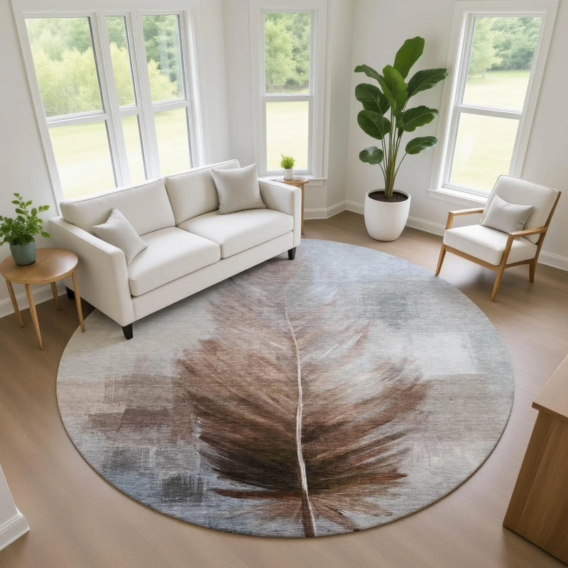 8' Chocolate And Brown Round Botanical Leaves Washable Indoor Outdoor Area Rug Homeroots Outdoor