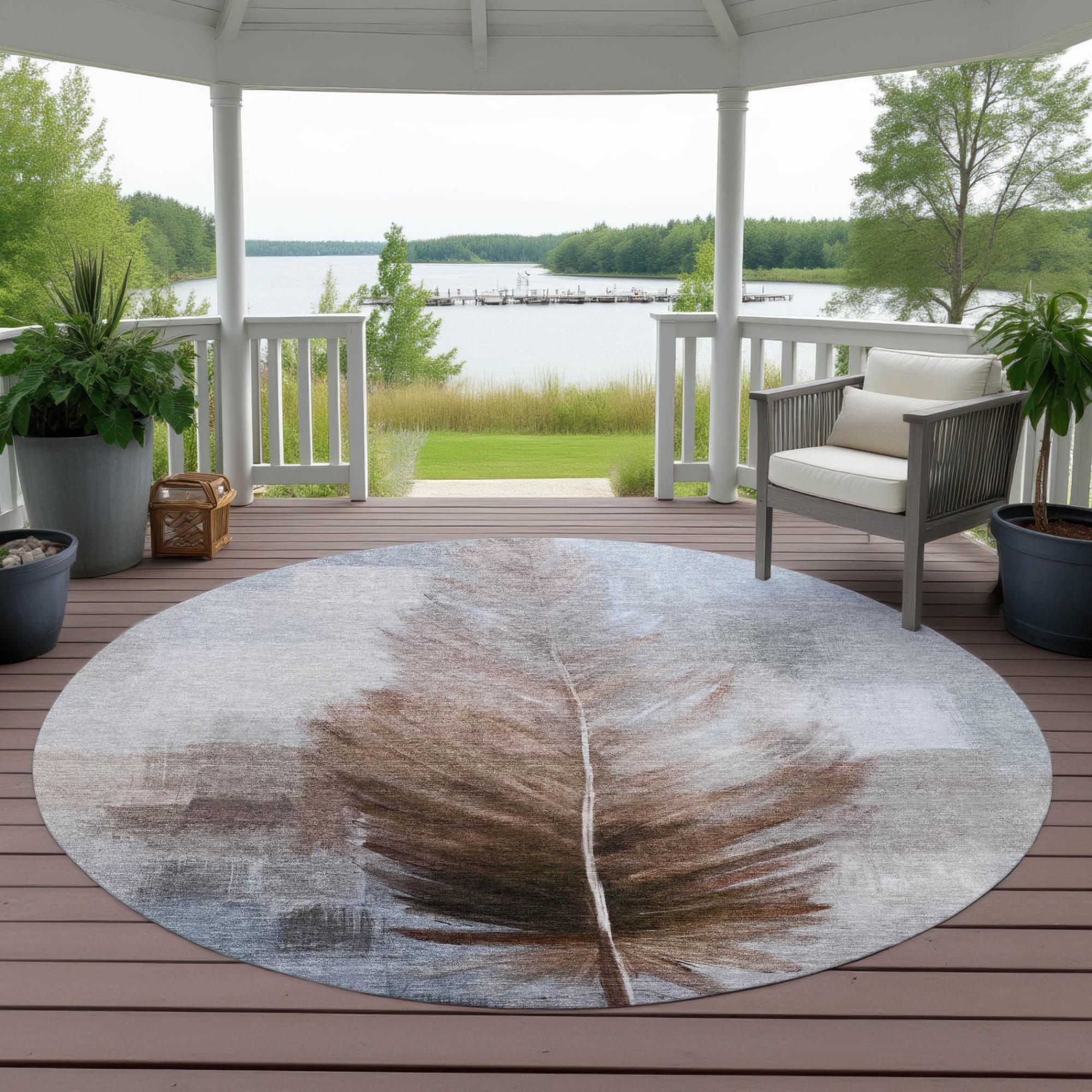 8' Chocolate And Brown Round Botanical Leaves Washable Indoor Outdoor Area Rug Homeroots Outdoor