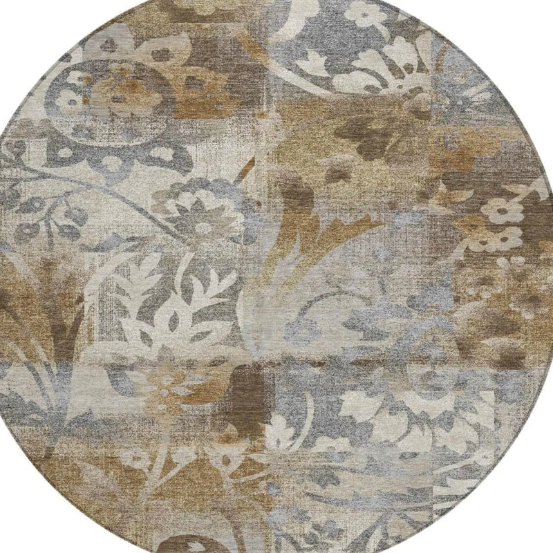 8' Chocolate And Brown Round Botanical Leaves Washable Indoor Outdoor Area Rug Homeroots Outdoor