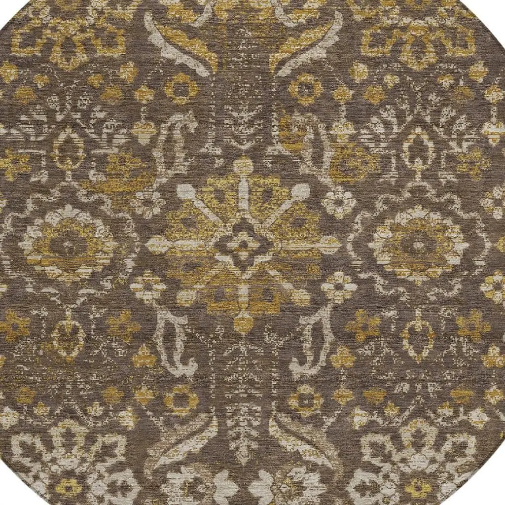 8' Chocolate And Brown Round Damask Washable Indoor Outdoor Area Rug Homeroots Outdoor