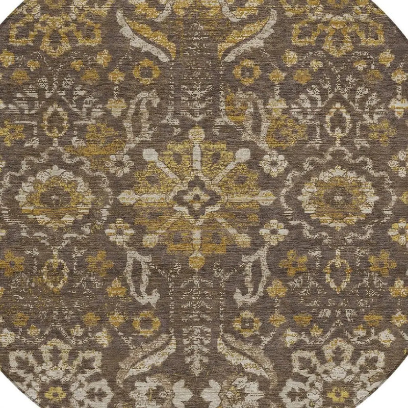 8' Chocolate And Brown Round Damask Washable Indoor Outdoor Area Rug Homeroots Outdoor