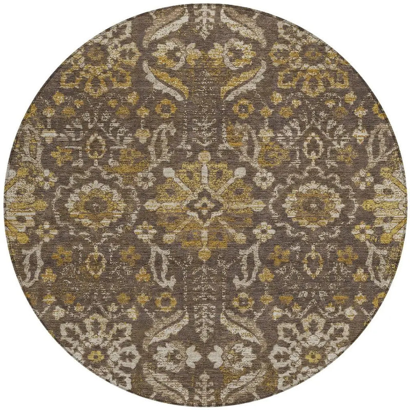 8' Chocolate And Brown Round Damask Washable Indoor Outdoor Area Rug Homeroots Outdoor