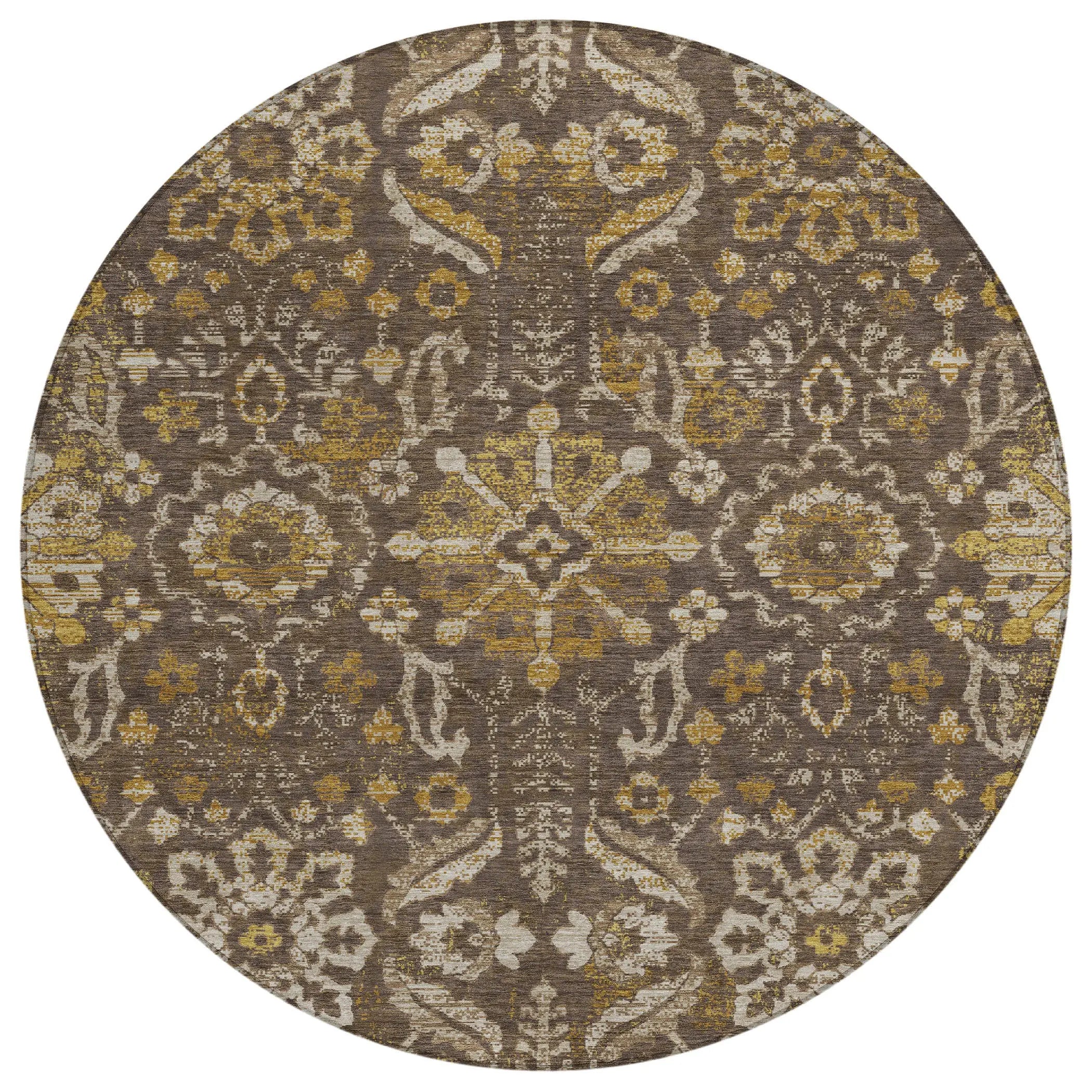 8' Chocolate And Brown Round Damask Washable Indoor Outdoor Area Rug Homeroots Outdoor