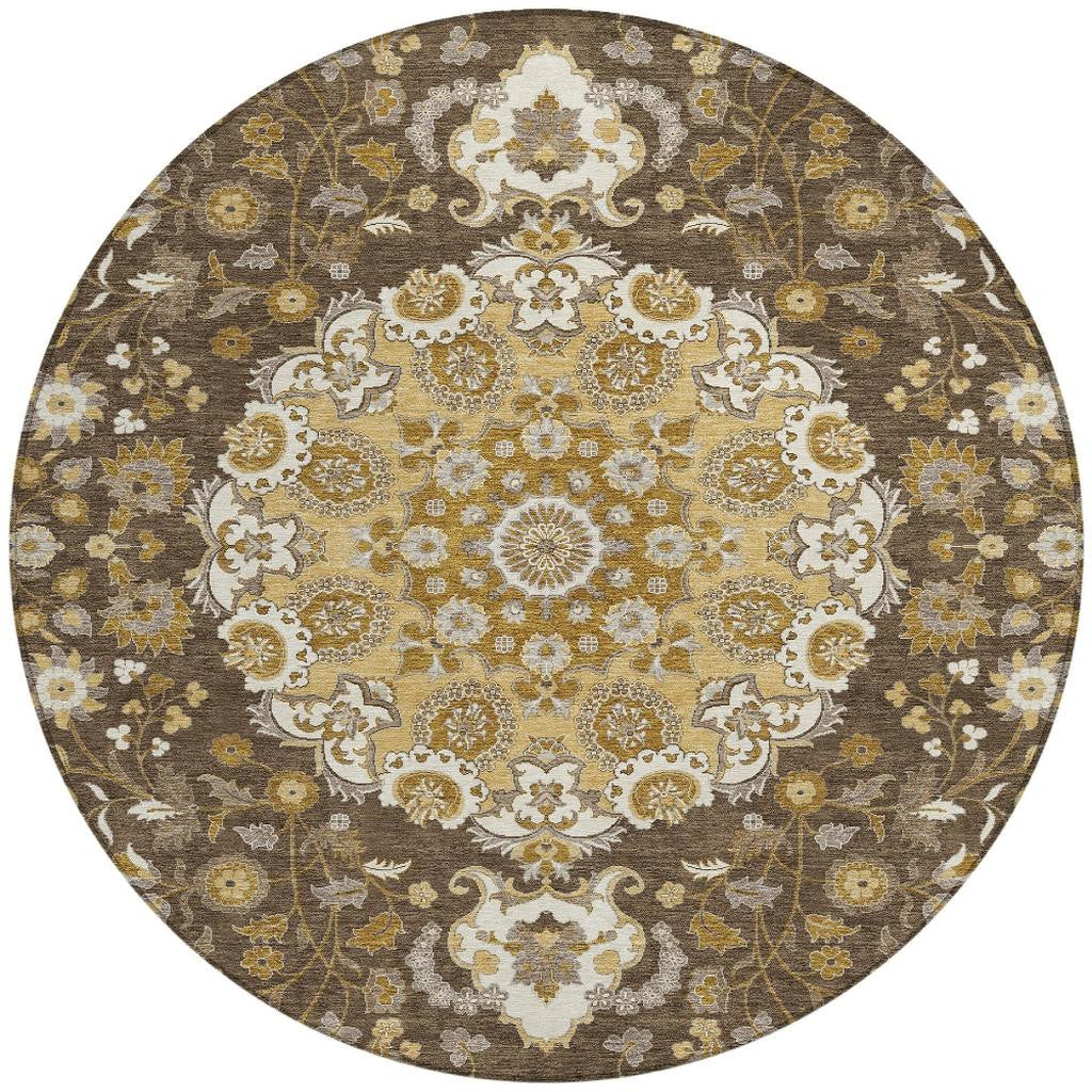 8' Chocolate And Brown Round Damask Washable Indoor Outdoor Area Rug Homeroots Outdoor