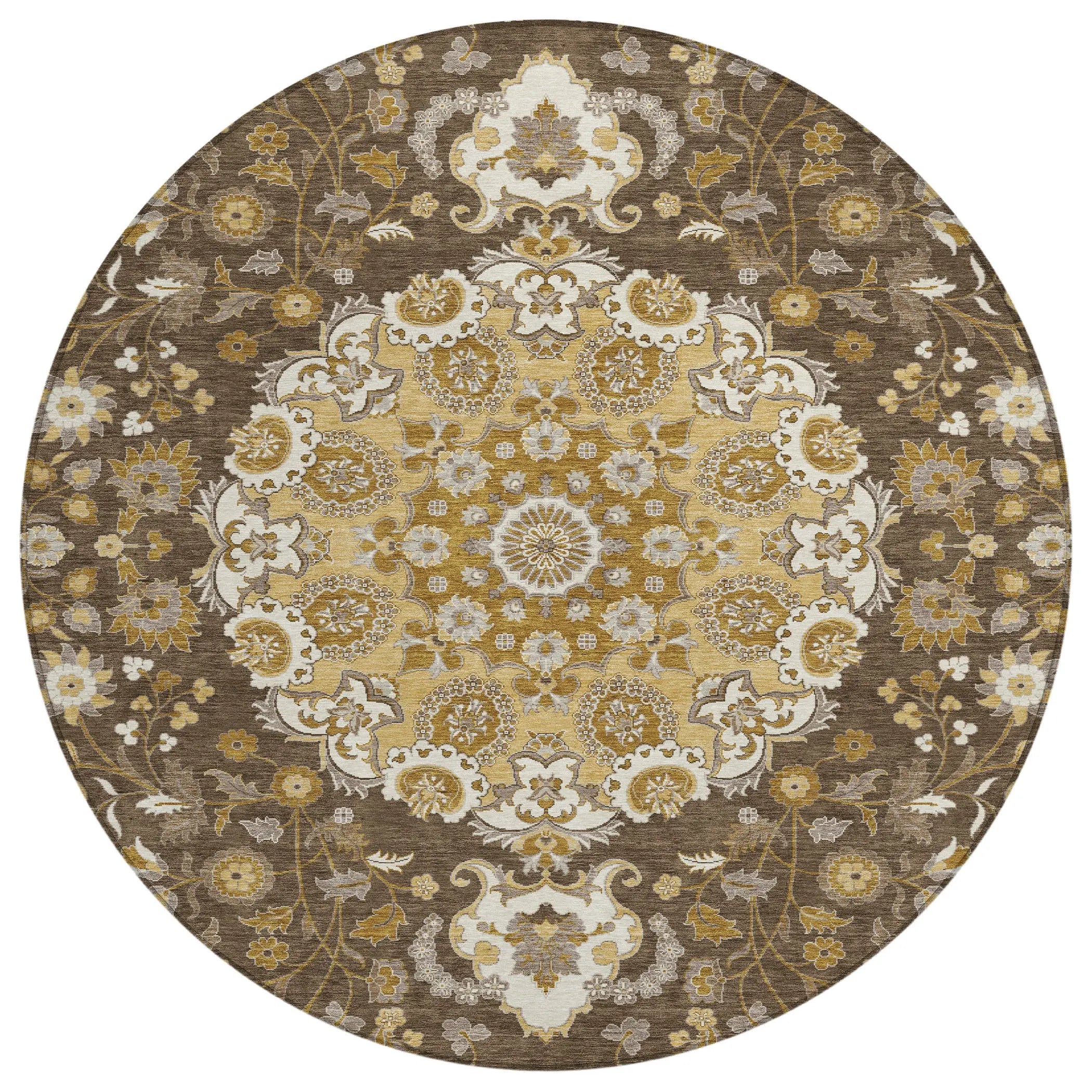 8' Chocolate And Brown Round Damask Washable Indoor Outdoor Area Rug Homeroots Outdoor