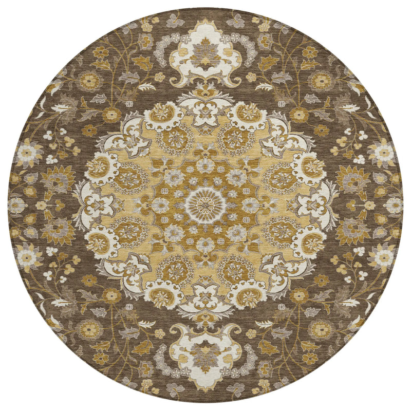 8' Chocolate And Brown Round Damask Washable Indoor Outdoor Area Rug Homeroots Outdoor