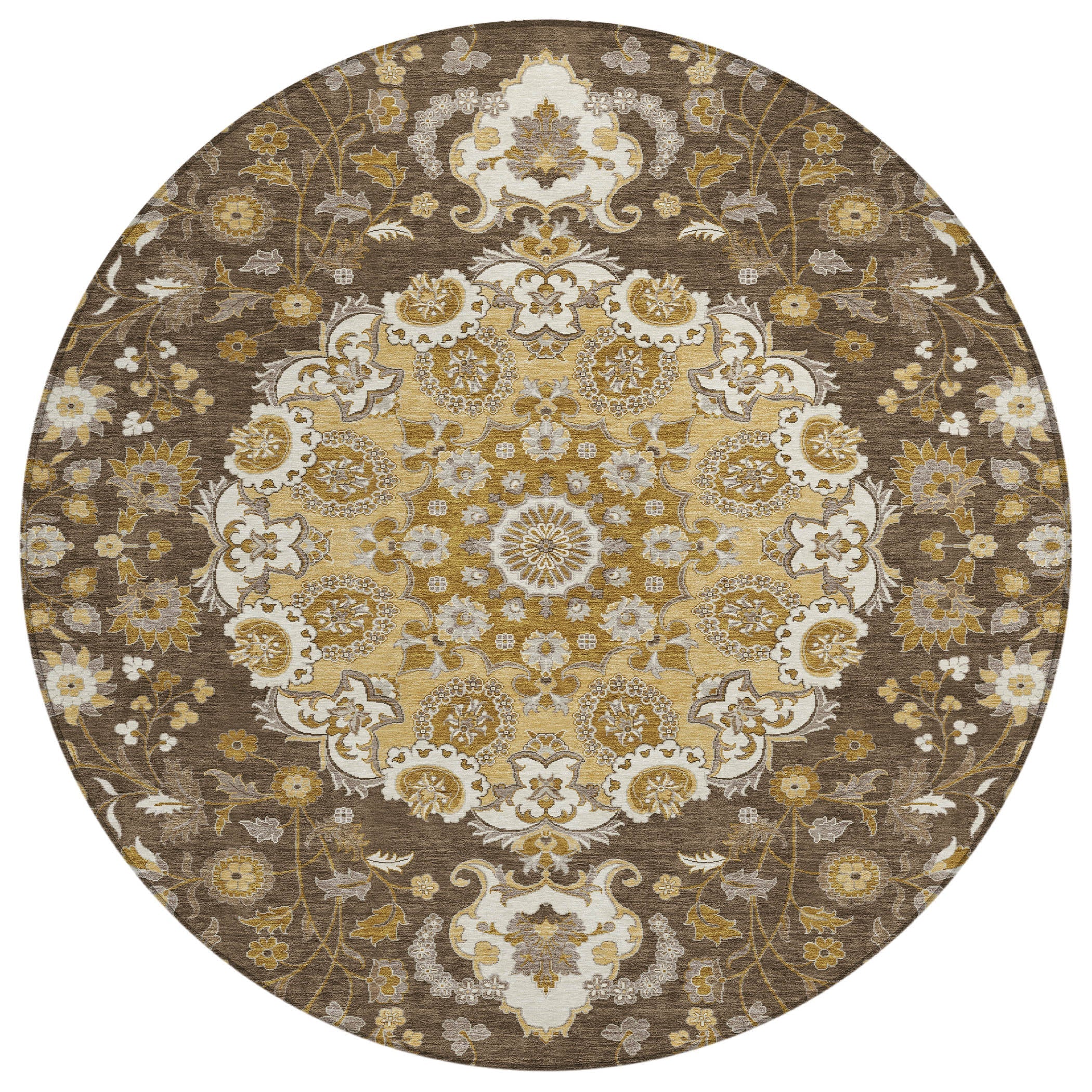 8' Chocolate And Brown Round Damask Washable Indoor Outdoor Area Rug Homeroots Outdoor