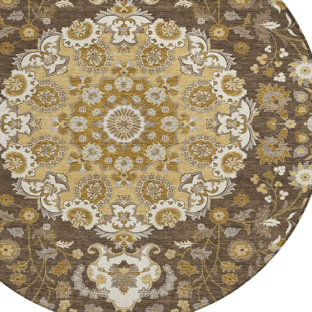 8' Chocolate And Brown Round Damask Washable Indoor Outdoor Area Rug Homeroots Outdoor