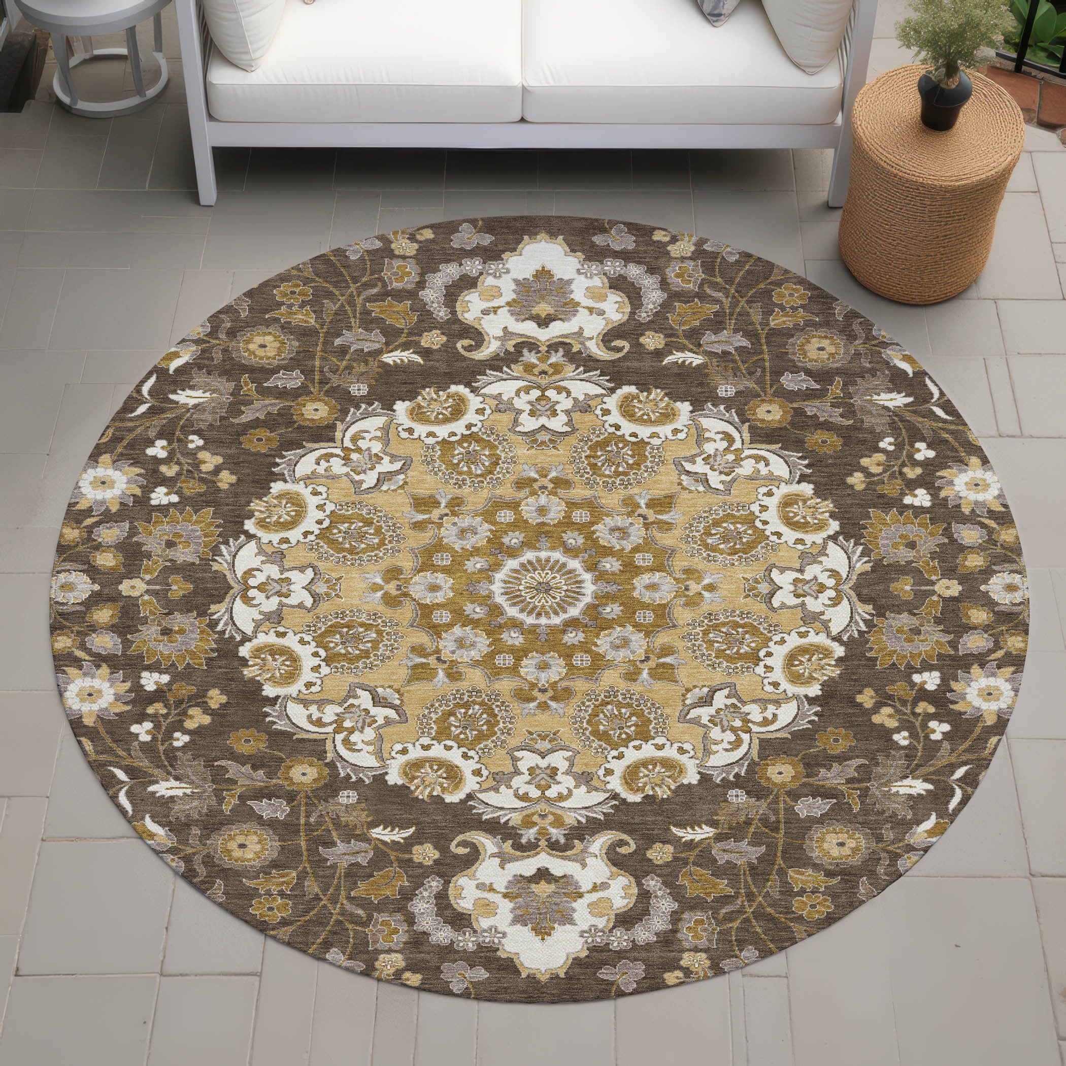 8' Chocolate And Brown Round Damask Washable Indoor Outdoor Area Rug Homeroots Outdoor