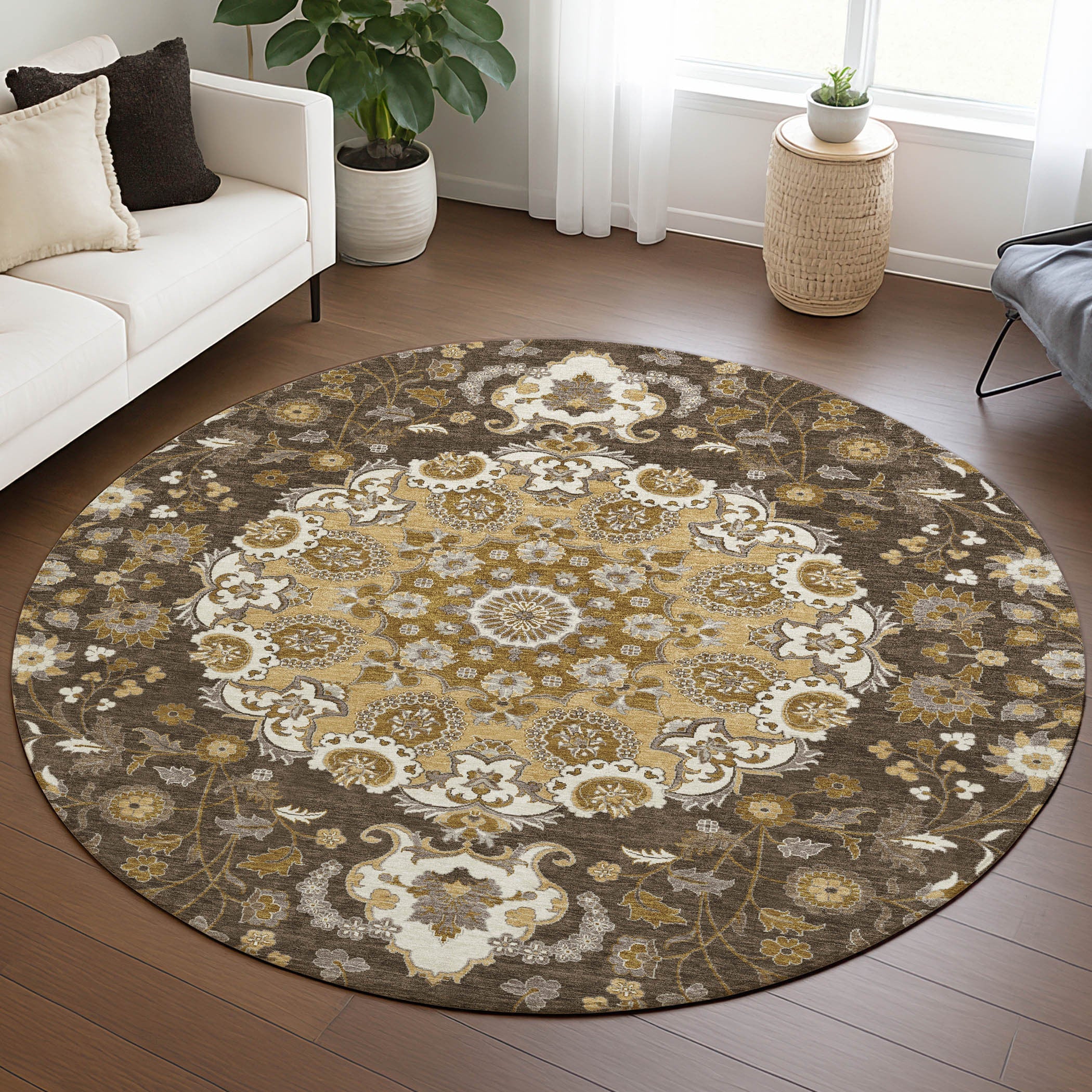 8' Chocolate And Brown Round Damask Washable Indoor Outdoor Area Rug Homeroots Outdoor