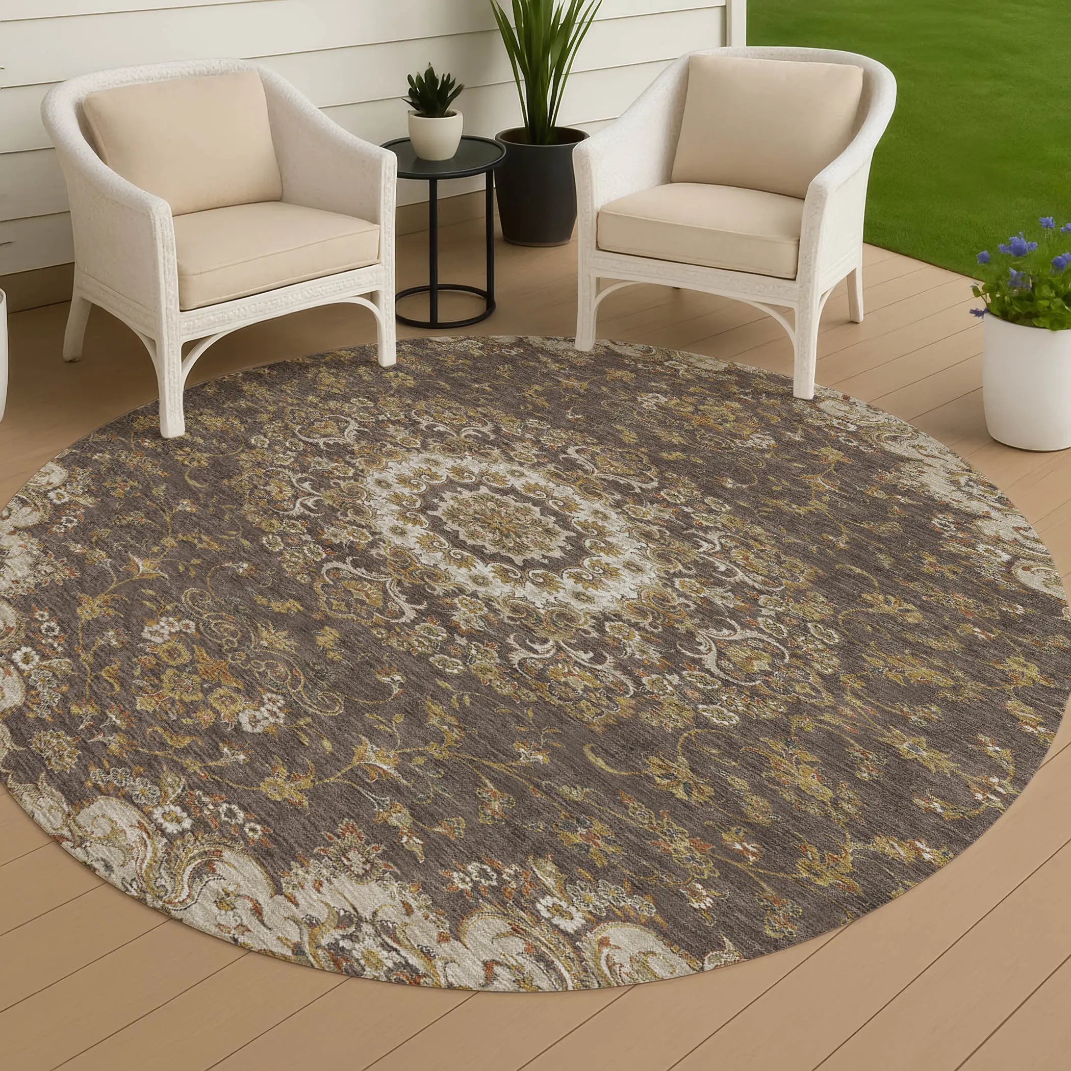 8' Chocolate And Brown Round Floral Medallion Washable Indoor Outdoor Area Rug Homeroots Outdoor