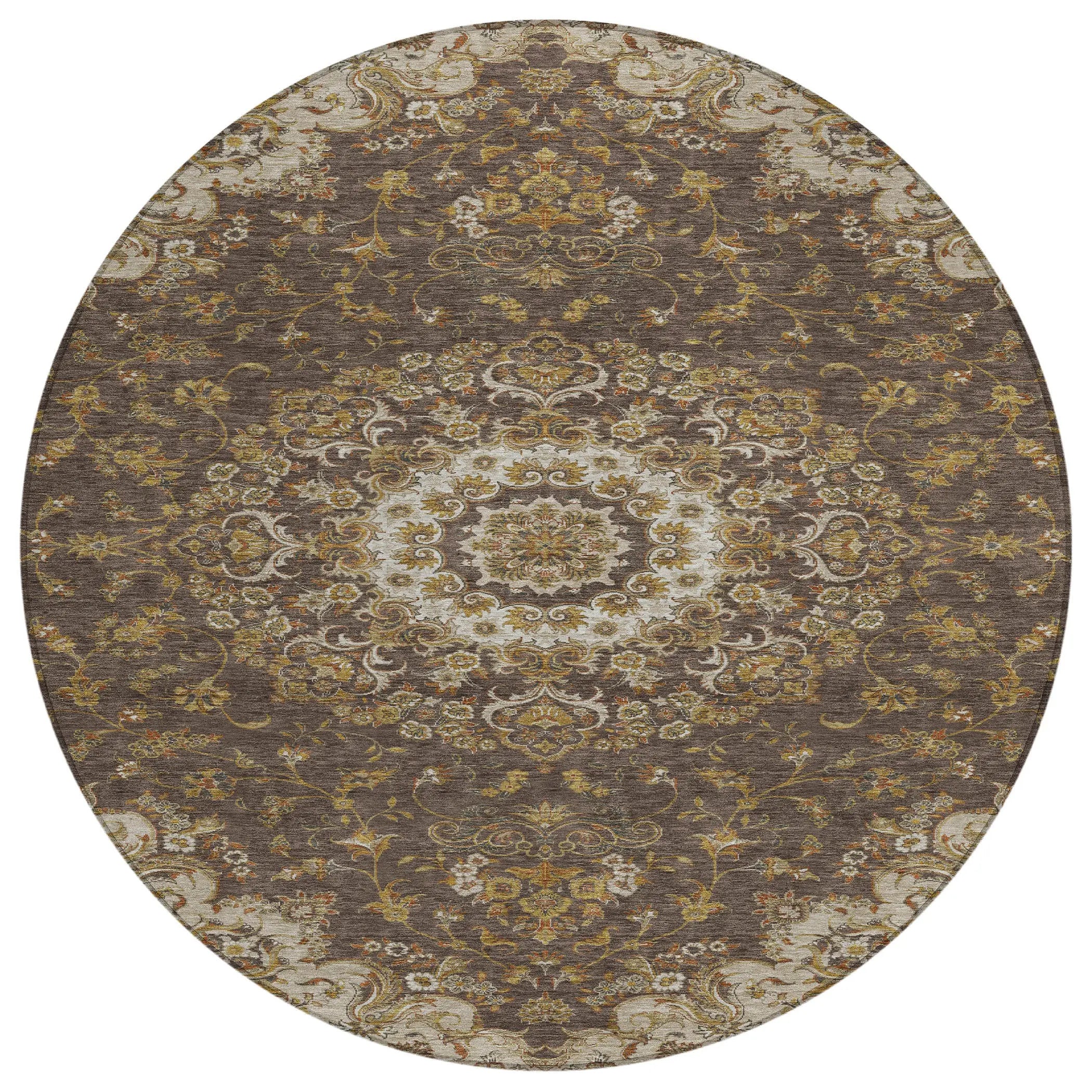 8' Chocolate And Brown Round Floral Medallion Washable Indoor Outdoor Area Rug Homeroots Outdoor