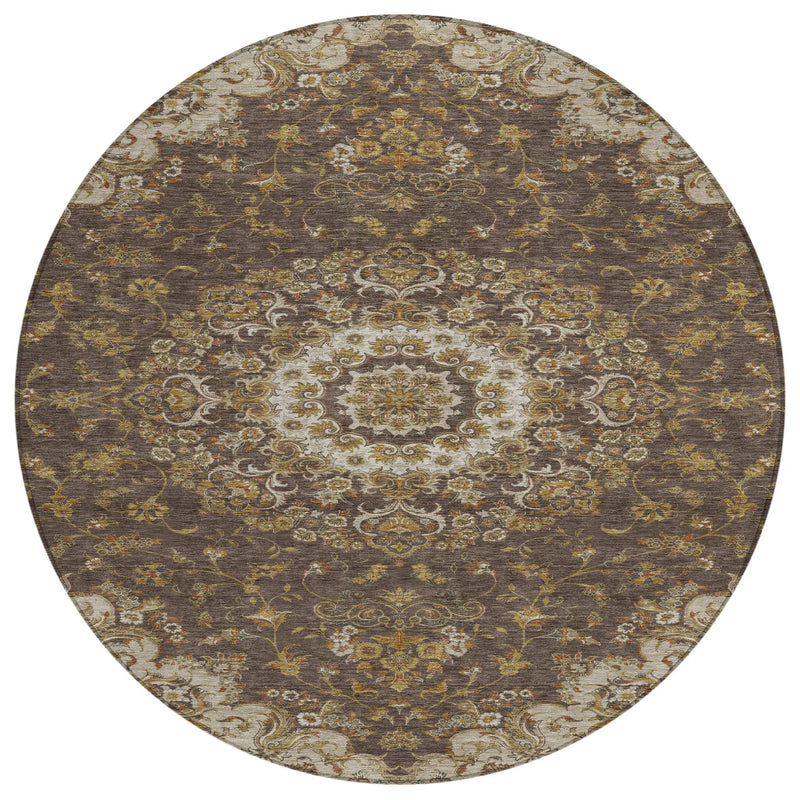 8' Chocolate And Brown Round Floral Medallion Washable Indoor Outdoor Area Rug Homeroots Outdoor