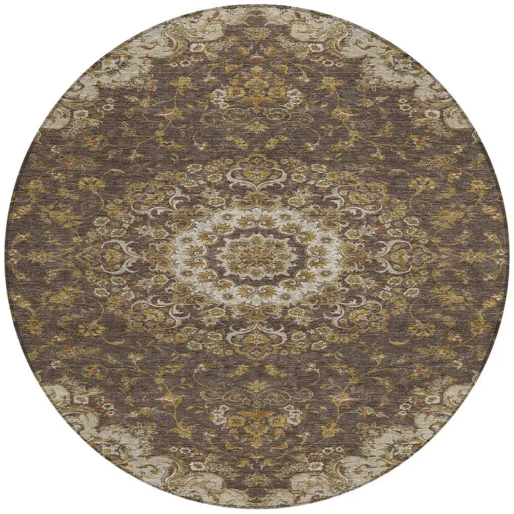 8' Chocolate And Brown Round Floral Medallion Washable Indoor Outdoor Area Rug Homeroots Outdoor