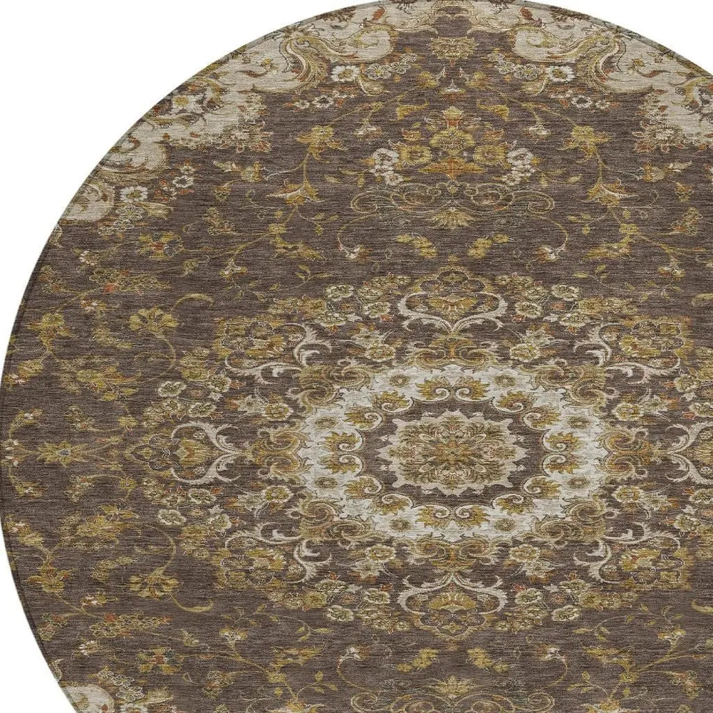 8' Chocolate And Brown Round Floral Medallion Washable Indoor Outdoor Area Rug Homeroots Outdoor