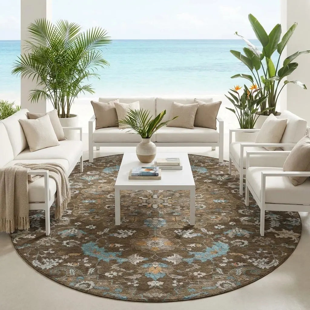 8' Chocolate And Brown Round Floral Medallion Washable Indoor Outdoor Area Rug Homeroots Outdoor
