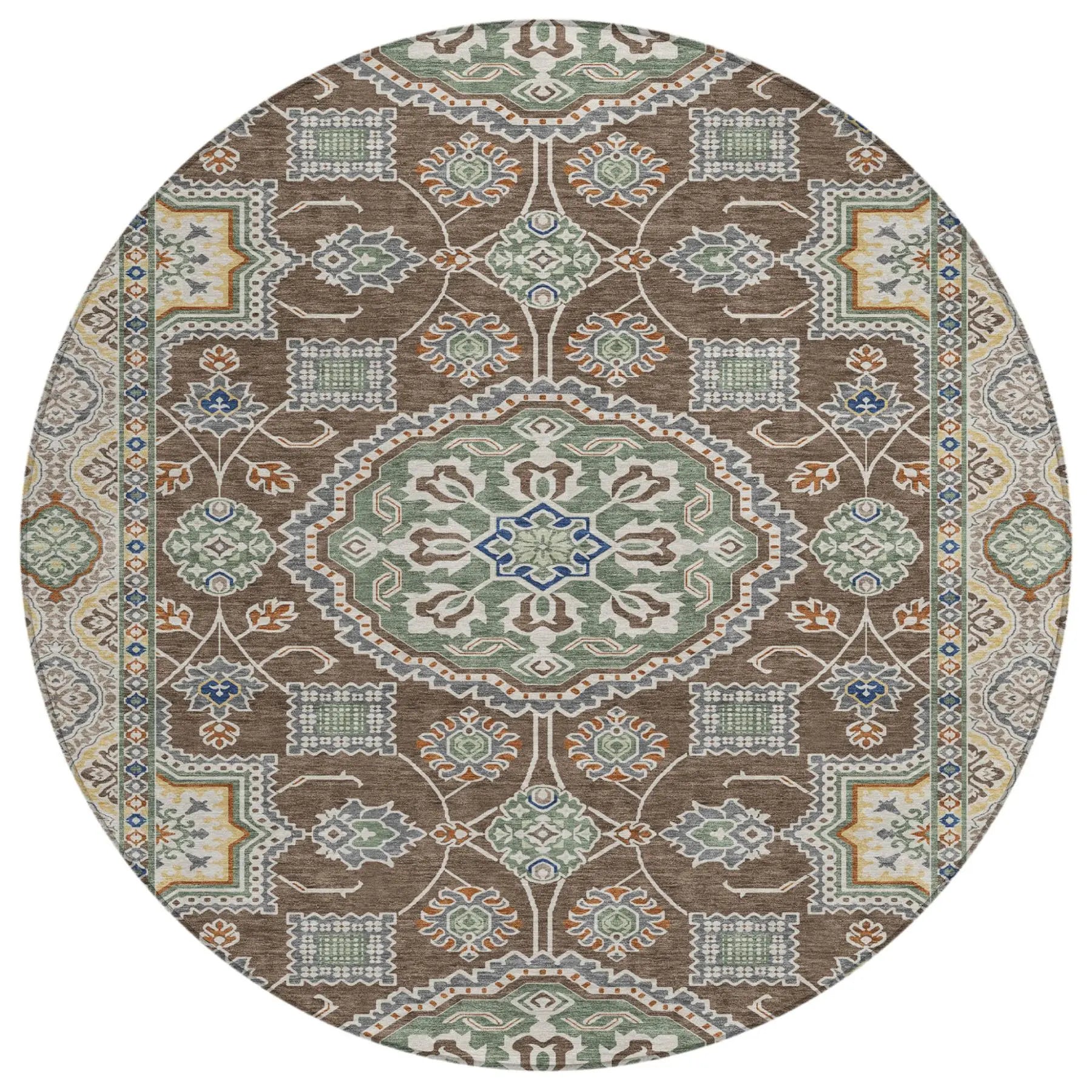 8' Chocolate And Brown Round Floral Medallion Washable Indoor Outdoor Area Rug Homeroots Outdoor