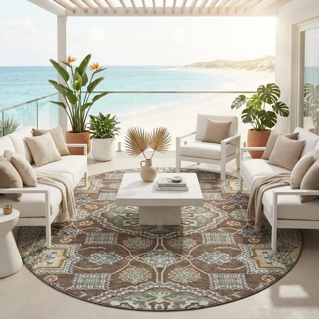 8' Chocolate And Brown Round Floral Medallion Washable Indoor Outdoor Area Rug Homeroots Outdoor