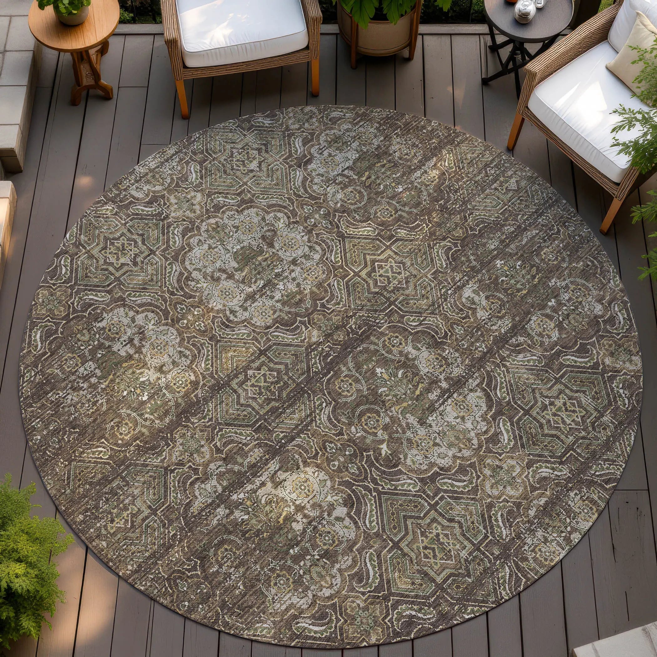 8' Chocolate And Brown Round Floral Washable Indoor Outdoor Area Rug Homeroots Outdoor