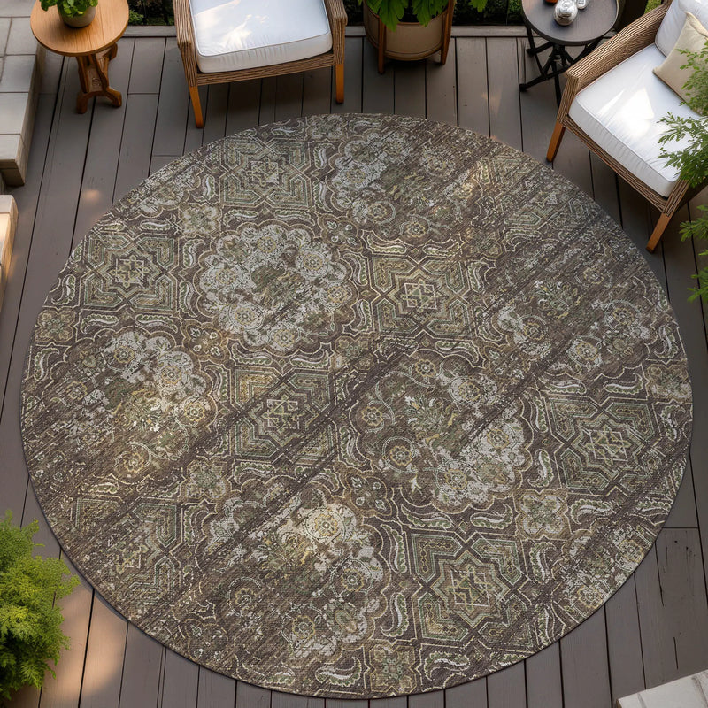 8' Chocolate And Brown Round Floral Washable Indoor Outdoor Area Rug Homeroots Outdoor